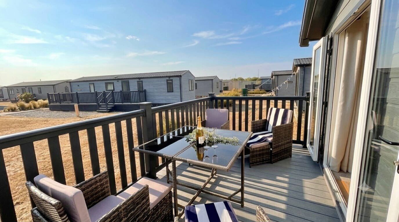Une terrasse avec des meubles d’extérieur, une table et une bouteille de vin.