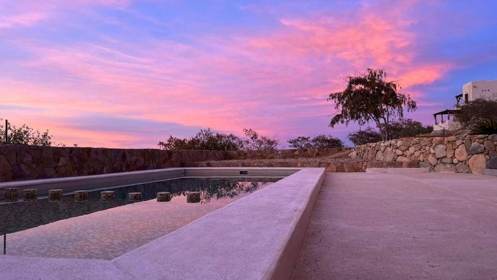 Outdoor pool, pool umbrellas, pool loungers