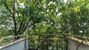 Una escalera de concreto con barandales de metal que conduce a una zona cubierta rodeada de árboles.