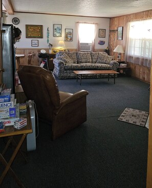 TV, DVD player, video library