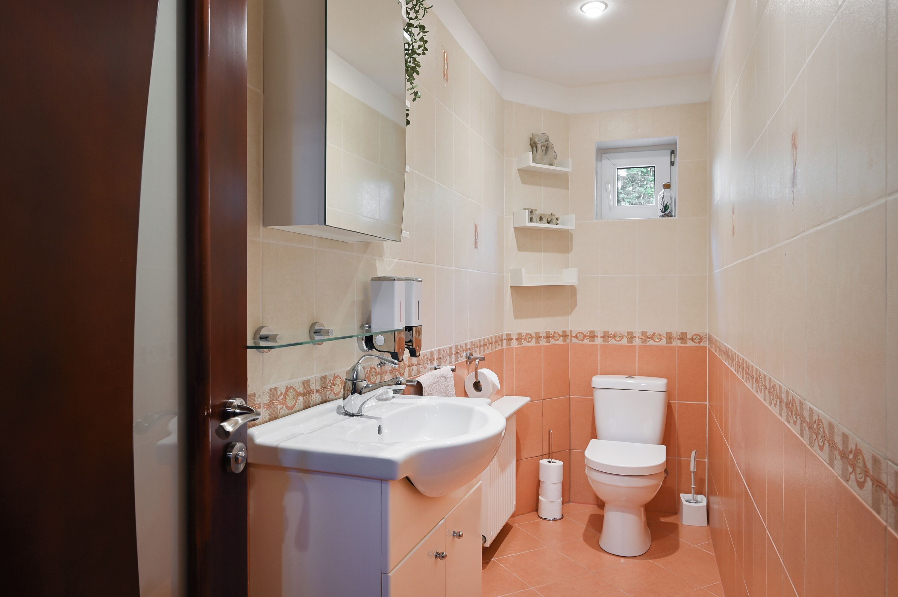 A bathroom with a sink, toilet, and shelves.