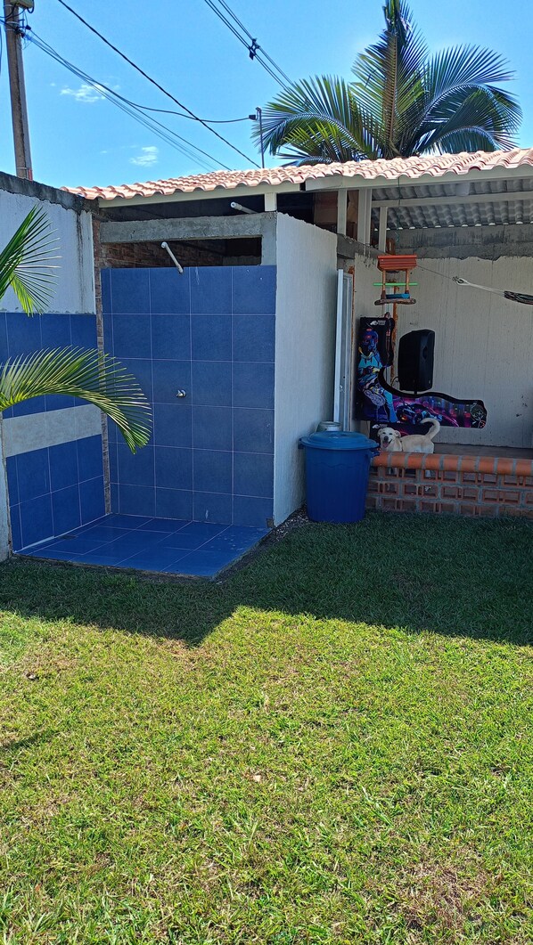 A residential area with a blue-tiled entrance, a small grassy yard, and a dog.