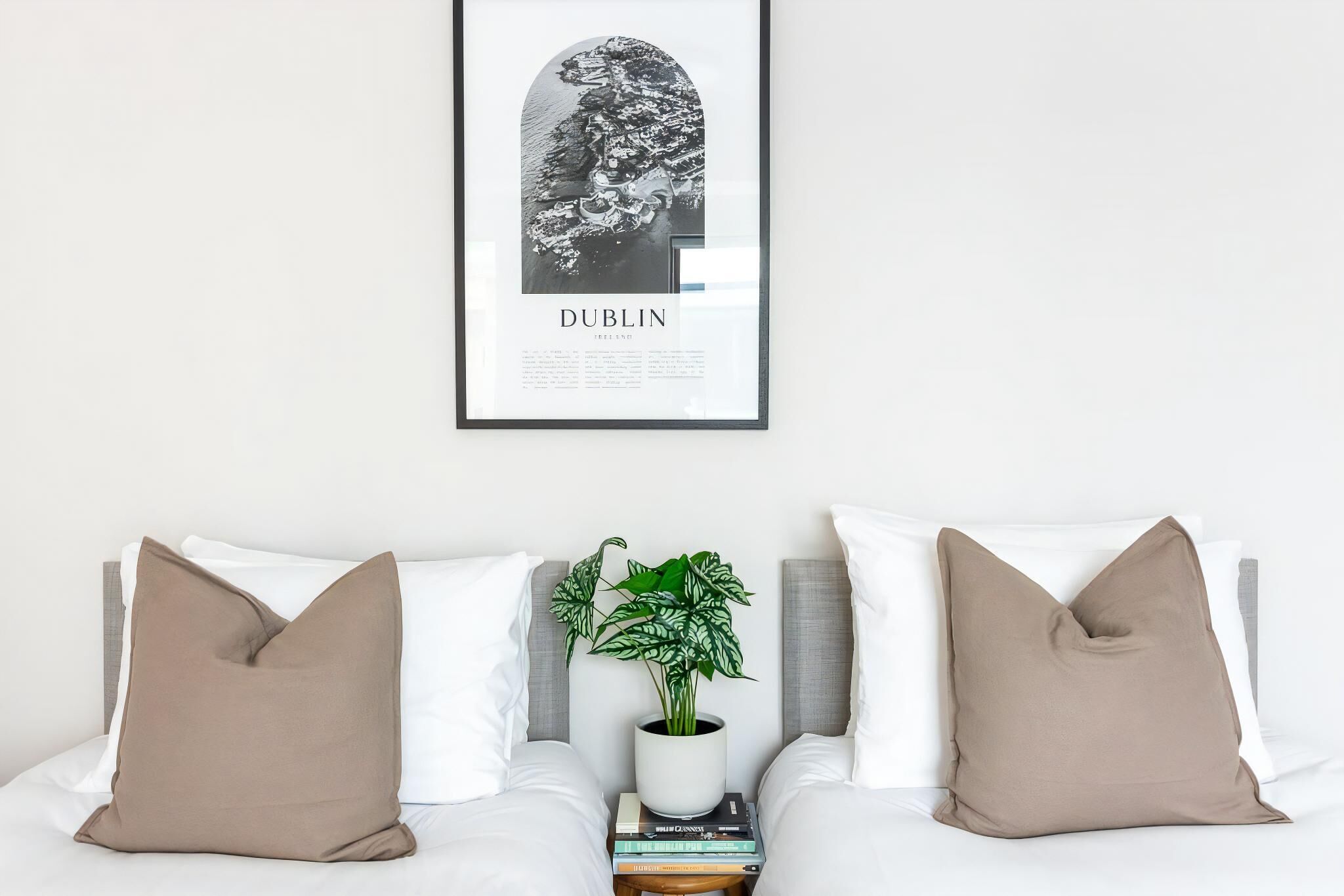 Un cuadro enmarco con una imagen de Dublín en una pared, una cama con ropa blanca y dos almohadas color beige, una planta pequeña en una maceta blanca, y una pila de libros.