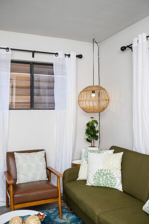 A living room with a brown leather chair, a green sofa, and a woven light fixture. - Avocado Hut- HOT TUB, free parking (San Diego)