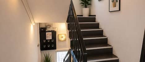 A staircase with a black railing, a potted plant on the landing, and a wall-mounted light fixture.