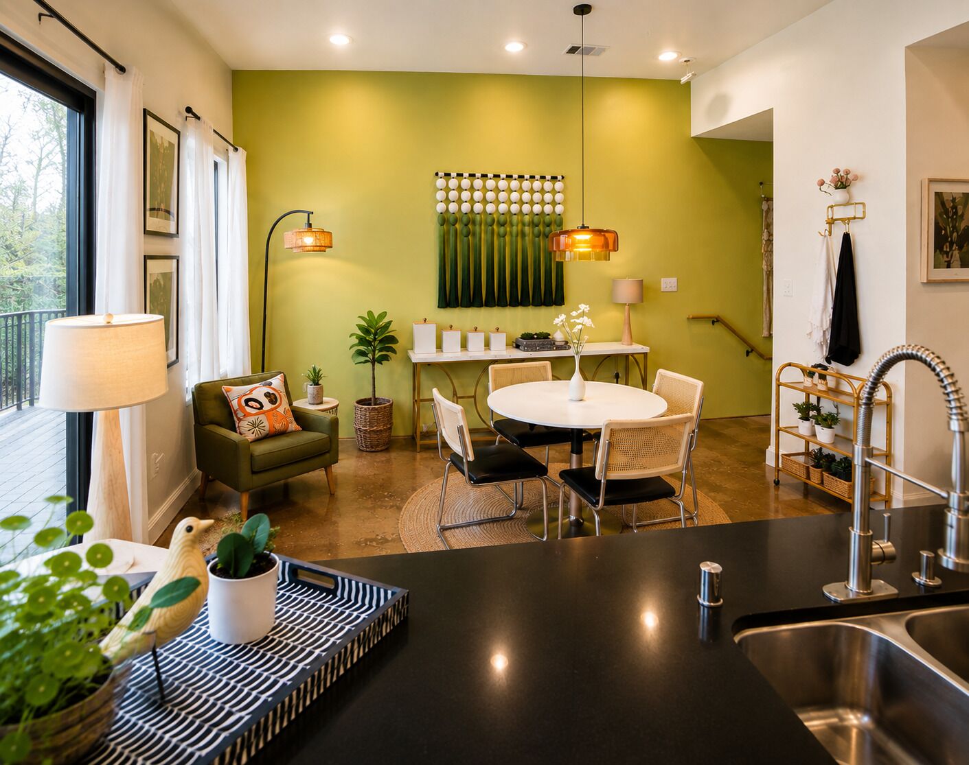 A modern kitchen with a dining area, featuring a round table, chairs, a black countertop, and a sink.