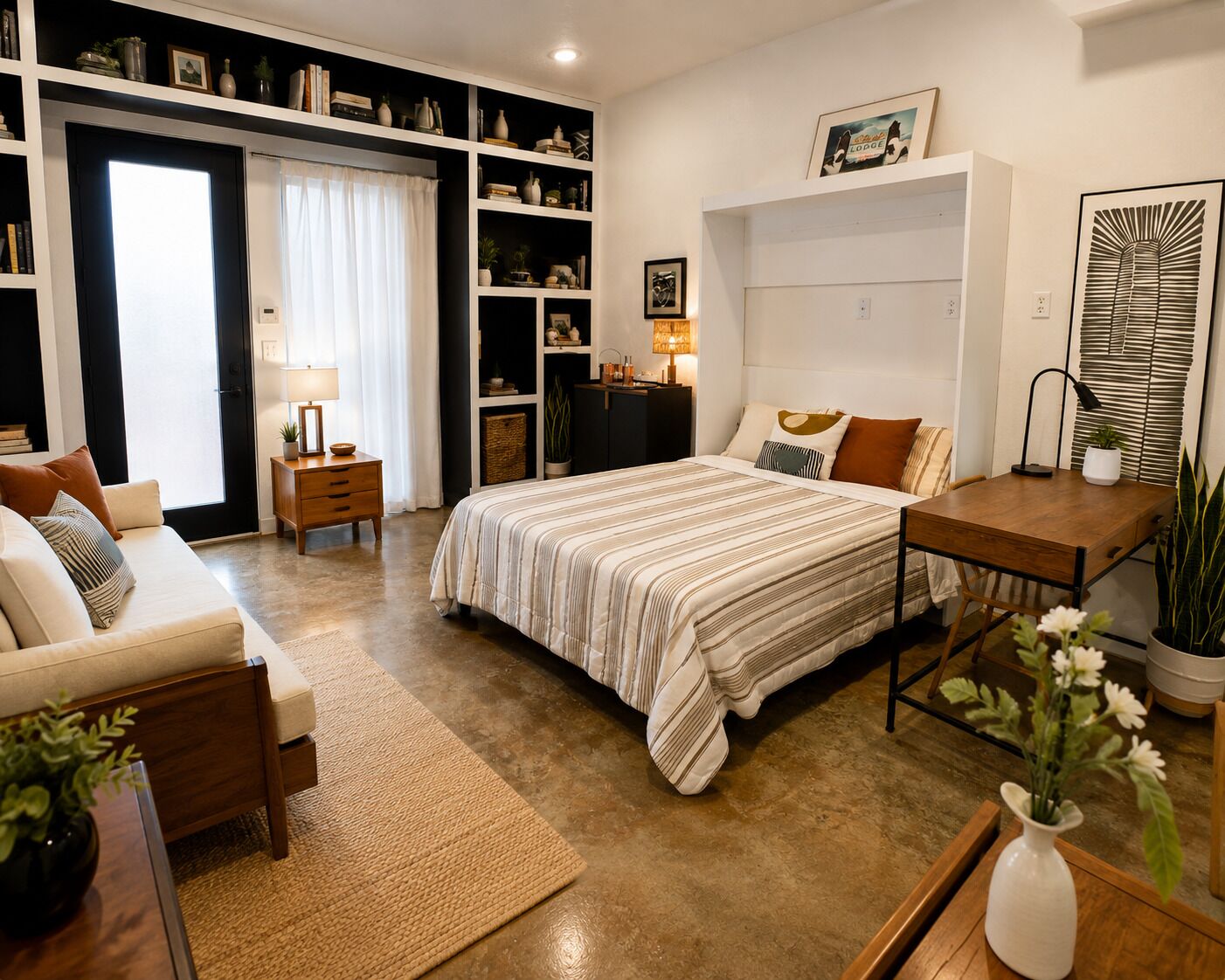 A bedroom with a bed, bedside table, lamp, and a desk with a chair. There is a bookshelf with various items and a window with curtains.