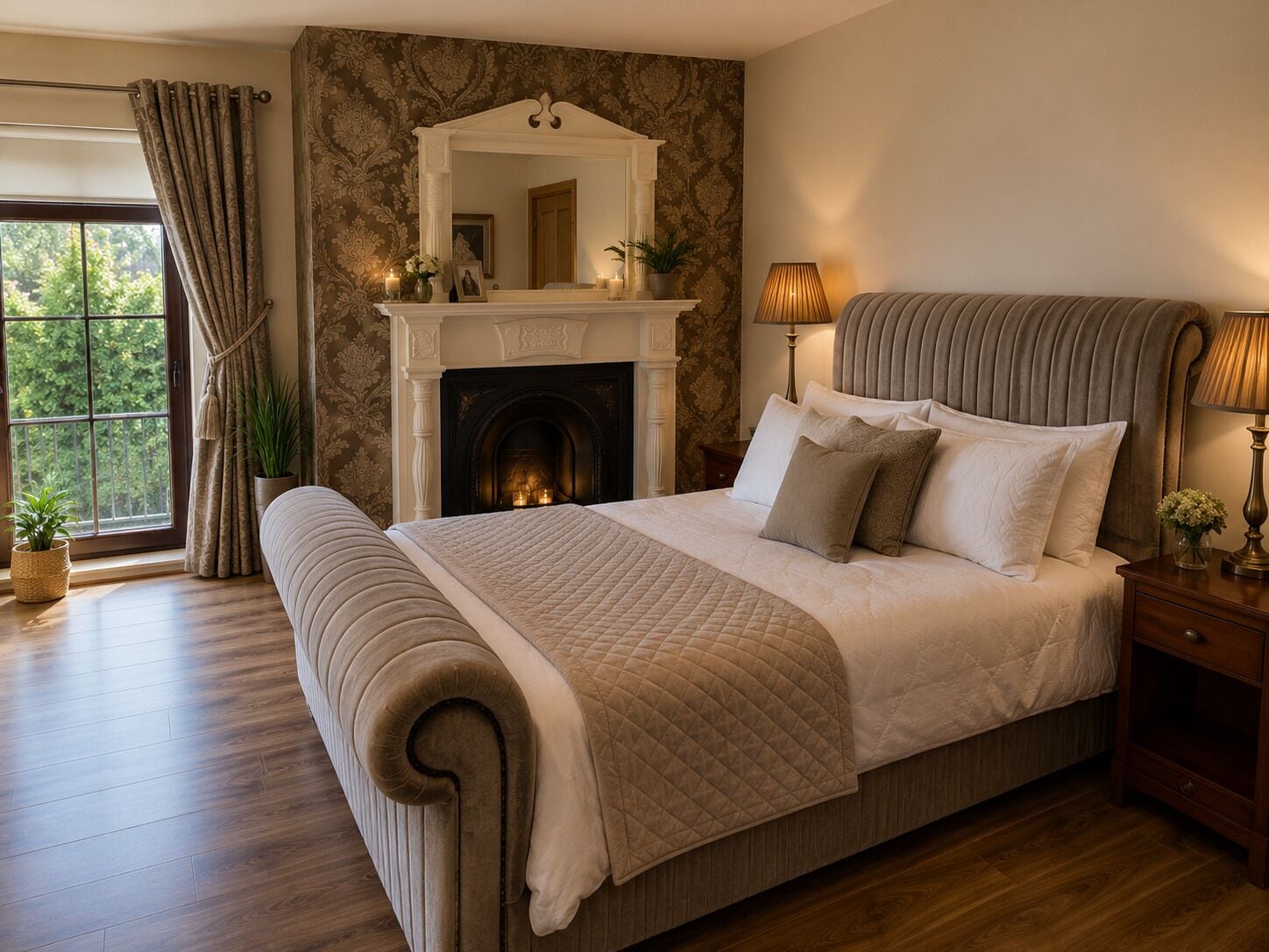 Premium bedding, desk, laptop workspace, blackout drapes