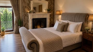 Premium bedding, desk, laptop workspace, blackout drapes