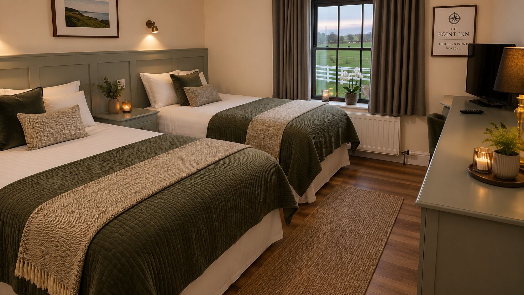 Premium bedding, desk, laptop workspace, blackout drapes