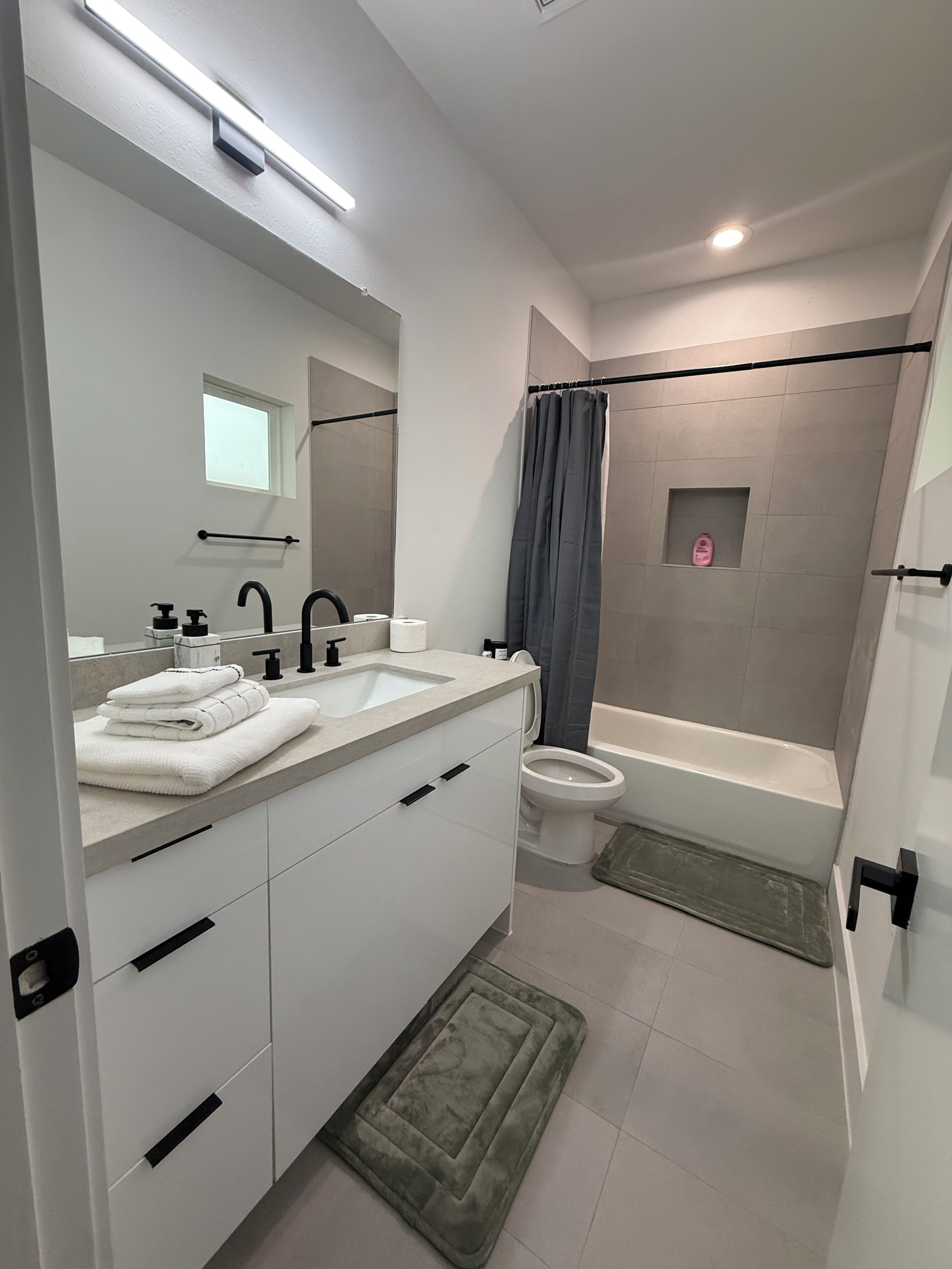 Hair dryer, bidet, towels, soap