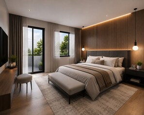 A modern bedroom with a large bed, a bench, a TV, and a view of greenery outside. - BRAND NEW The Palm Reserve Luxury Beach Villa Thailand (4 bedrooms/ 5 bathrooms) (Pak Nam Pran)