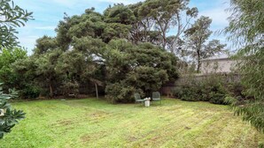 Ein Garten mit einem großen Baum, einer Rasenfläche und zwei Stühlen.