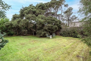 A backyard with a large tree, a grassy lawn, and two chairs. - Coastal Elegance in Old Point Lonsdale  Pet Friendly (Point Lonsdale)