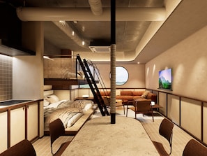 A modern interior with a bunk bed, a round window, a sofa, and a television on the wall. - illi Sui Asakusa-Ryogoku (Tokyo)