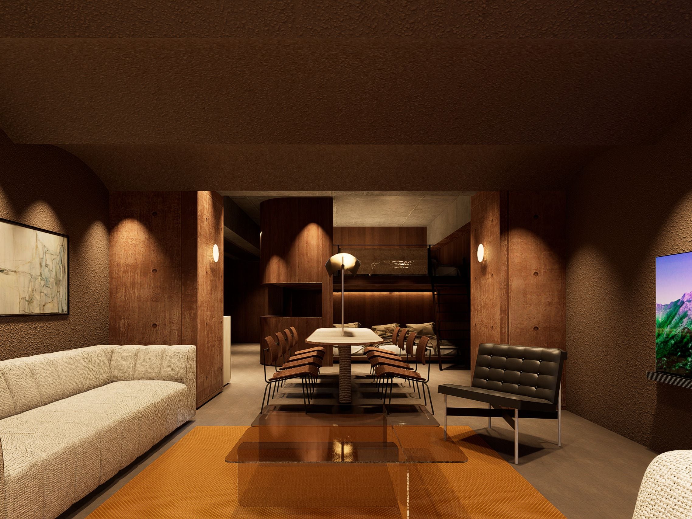 Un interior moderno con sofá, mesa de comedor, sillas y televisor.