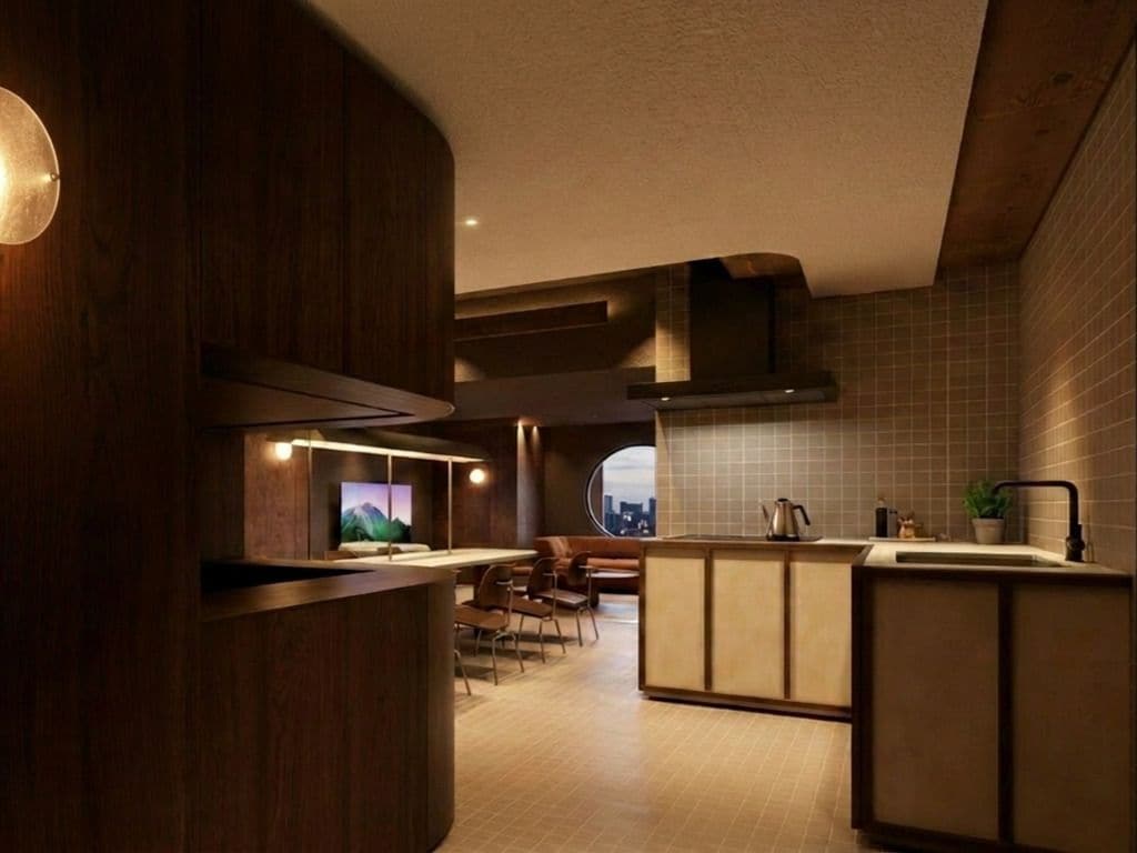 Uma cozinha moderna com ilha central, eletrodomésticos embutidos e vista através de uma janela ampla.