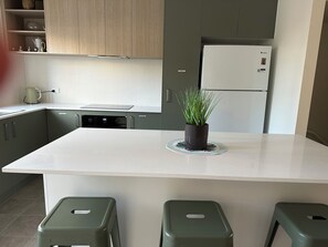 A kitchen with a central island, green stools, a refrigerator, and a potted plant. - New large 3BR,3bathrms townhouse in Gunghalin, mountain views,central location (Gungahlin)