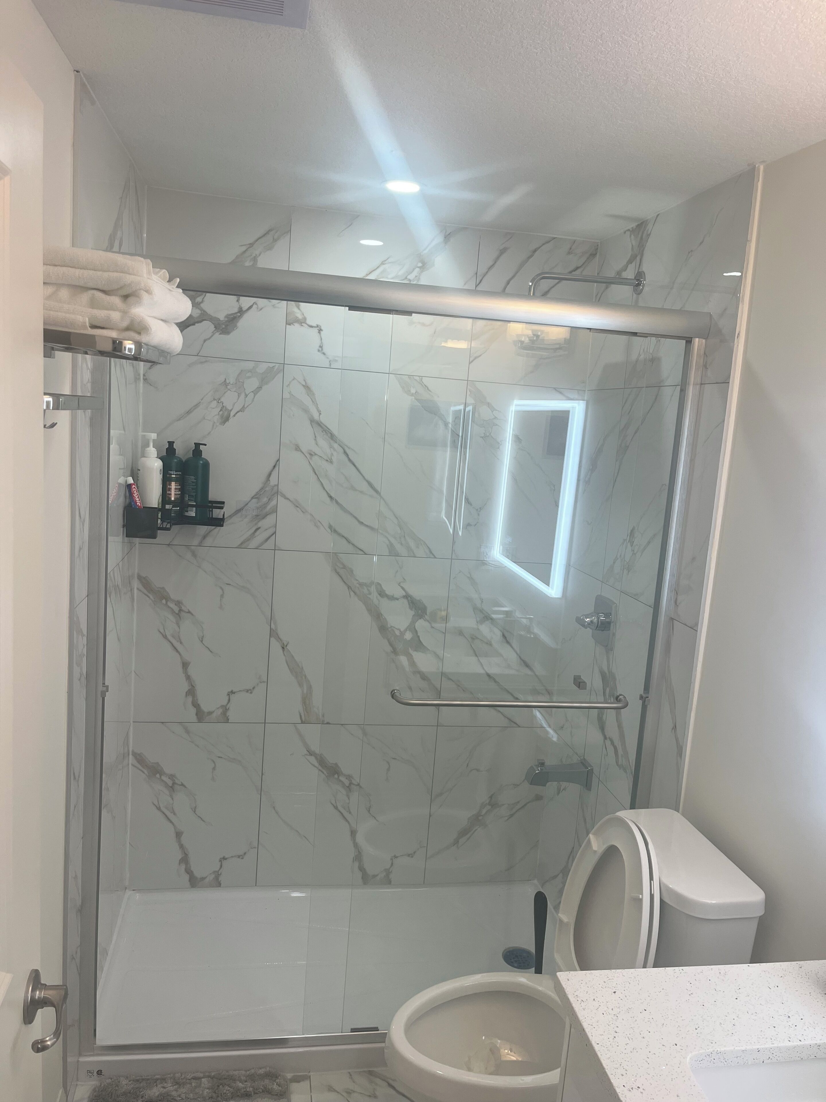A modern bathroom with a glass-enclosed shower, a toilet, and a sink.