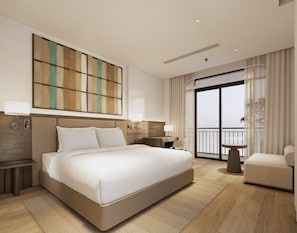 A hotel room with a large bed, a desk, a chair, a view of the outdoors, and a large artwork on the wall.