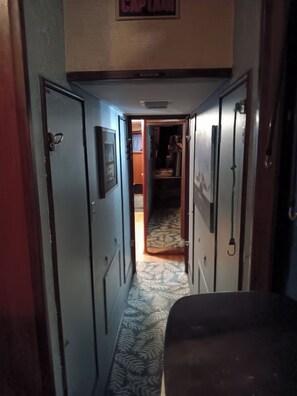 A narrow hallway with doors on both sides, leading to a room with a patterned carpet.