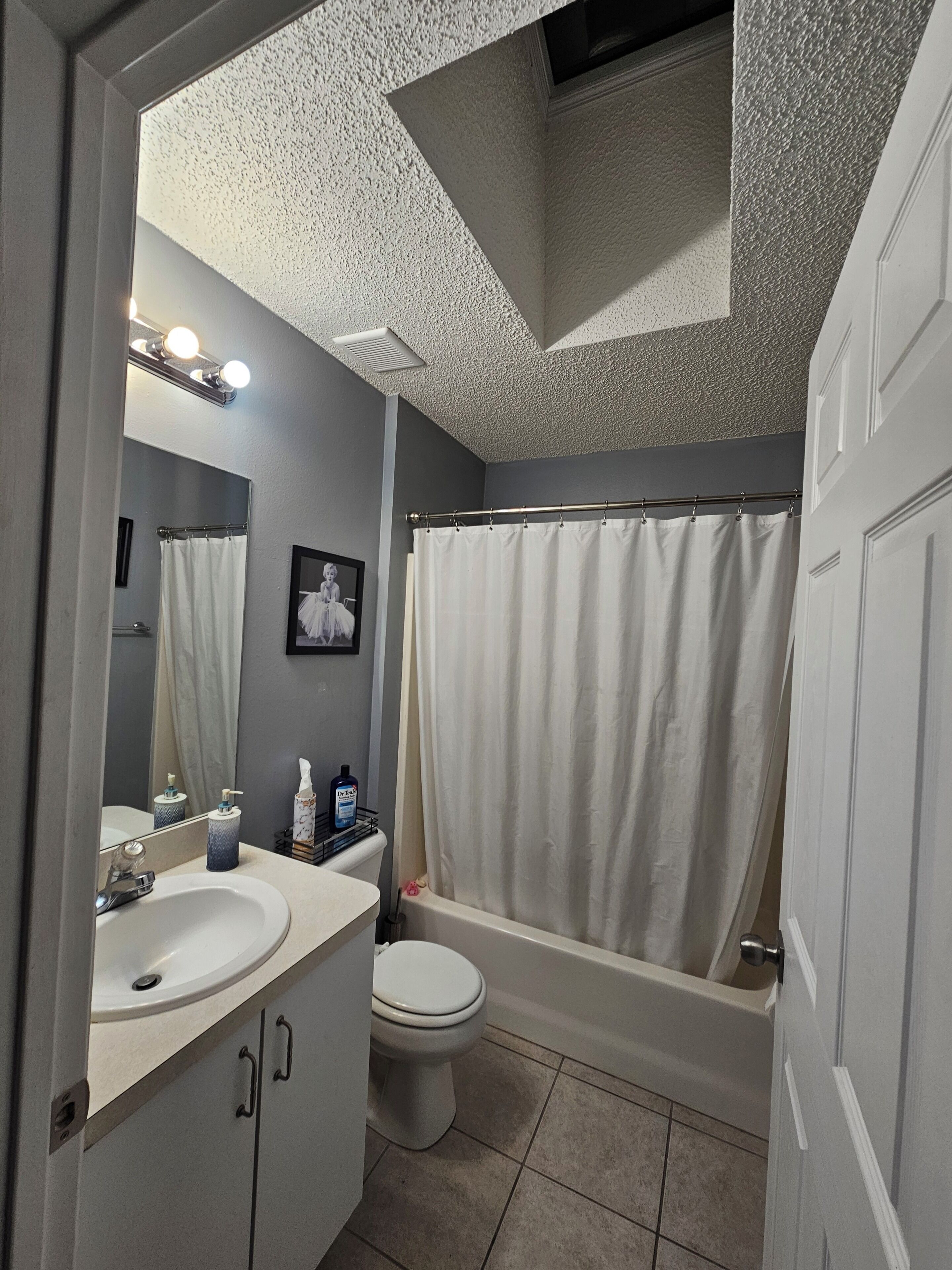 Hair dryer, towels, soap, toilet paper