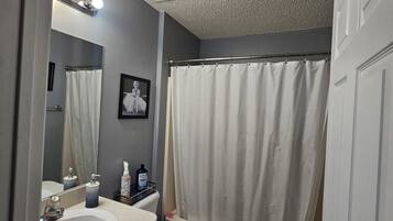 Hair dryer, towels, soap, toilet paper