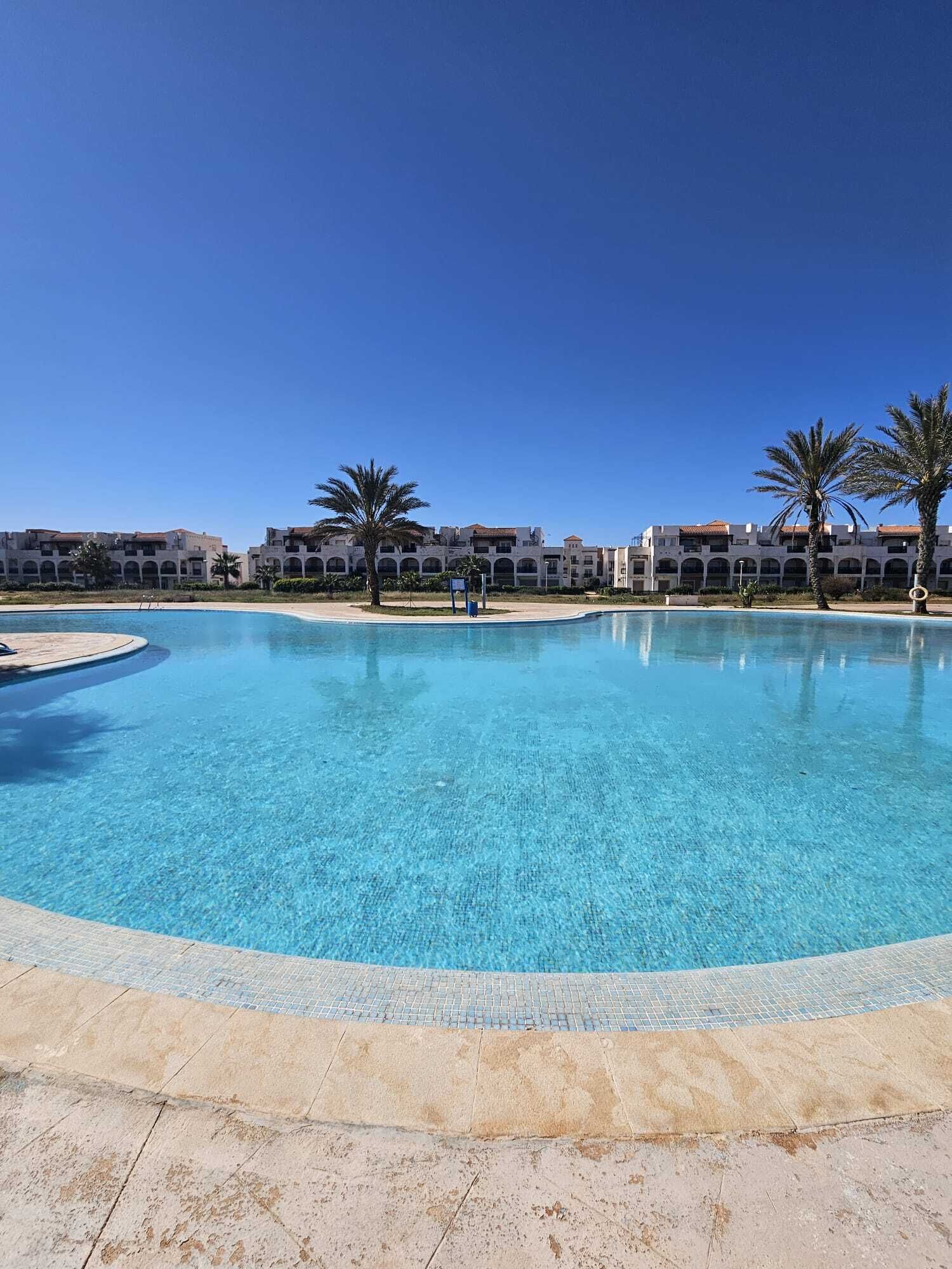 A large outdoor swimming pool with a clear blue water, surrounded by a tiled deck and palm trees.