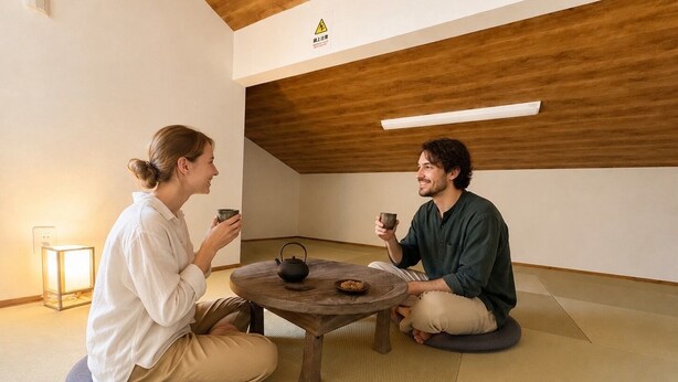 Deux personnes sont assises sur des tatamis autour d’une petite table en bois, devant une théière et des tasses, dans une pièce dont le plafond est en bois et où est affiché un panneau d’avertissement.