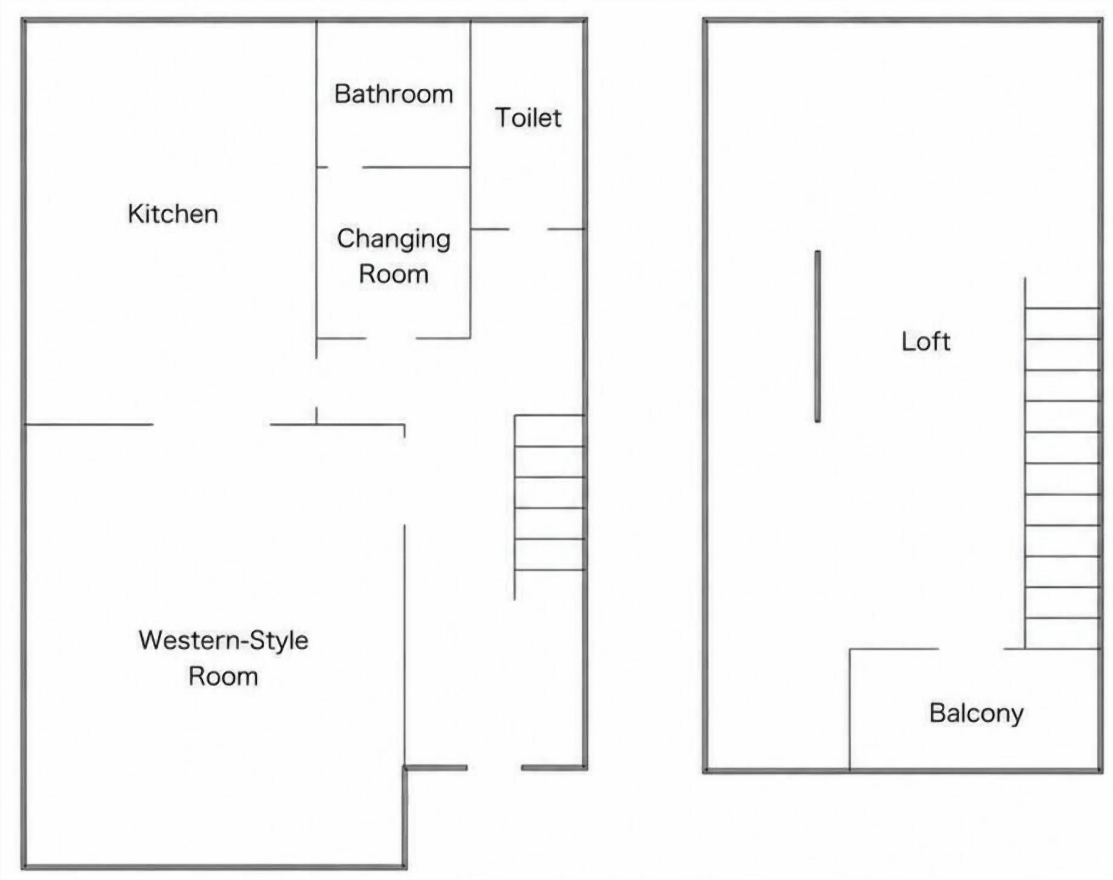 Grundriss mit Küche, Bad, Umkleideraum, westlichem Zimmer, Schlafgalerie und Balkon.