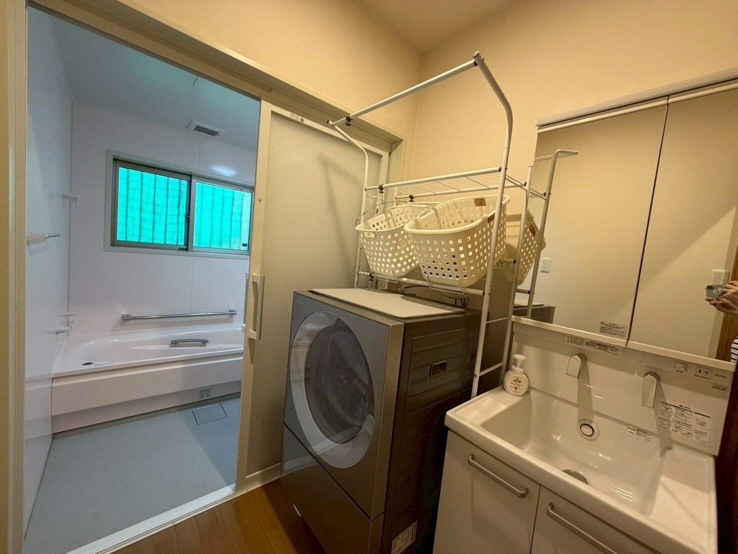 Hair dryer, bidet, towels, soap