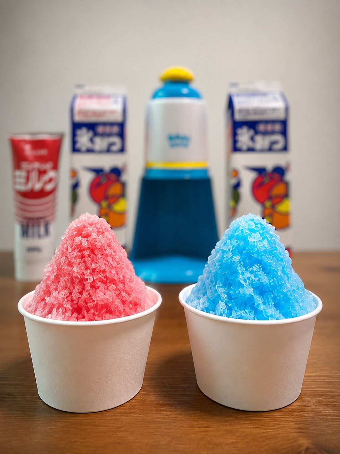 Deux gobelets en papier remplis de substances roses et bleues à texture particulière, peut-être de la crème glacée, sont posés sur une surface en bois. On aperçoit en arrière-plan, de manière floue, des emballages de boissons.