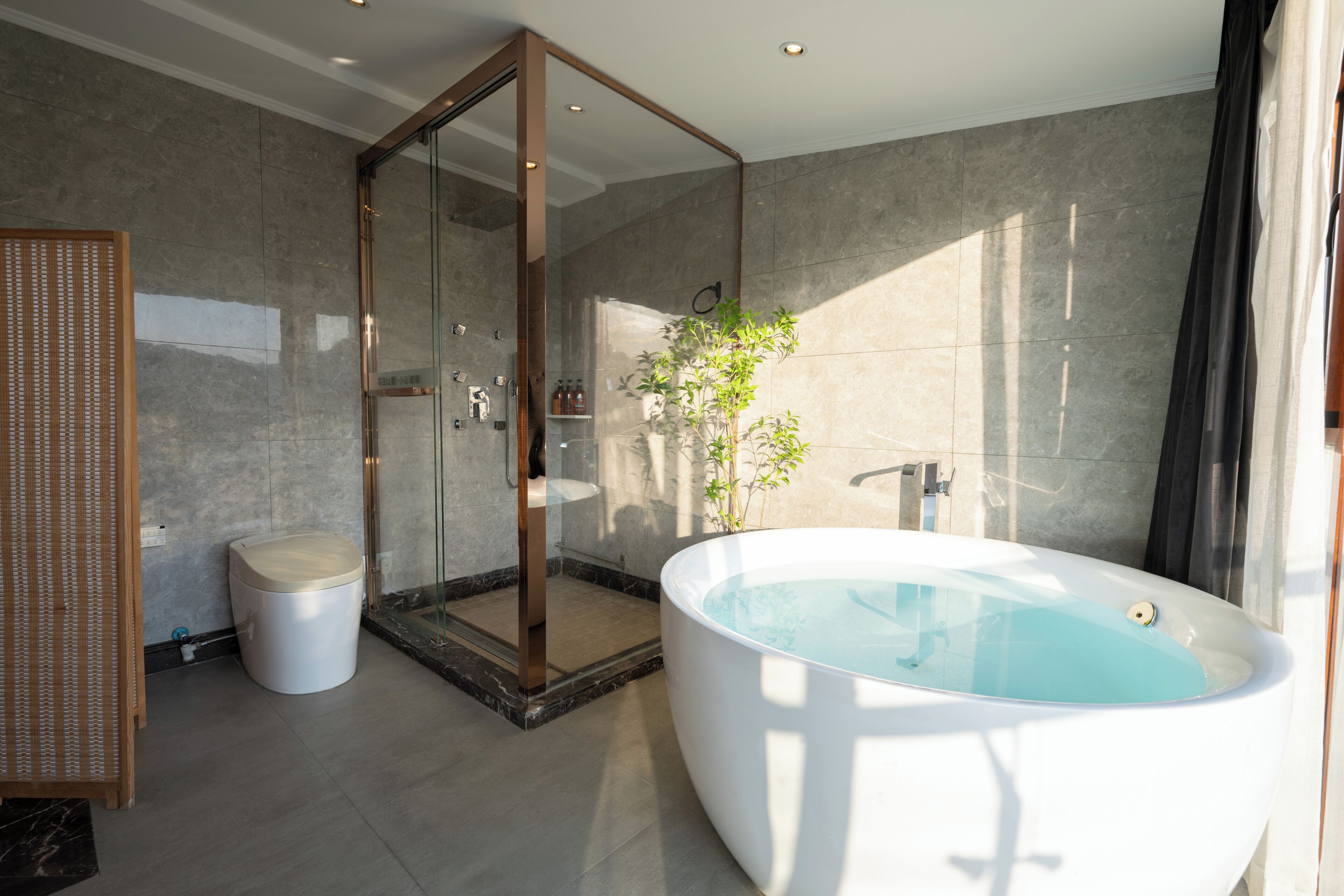 A modern bathroom with a glass-enclosed shower, a standalone toilet, and a freestanding bathtub.