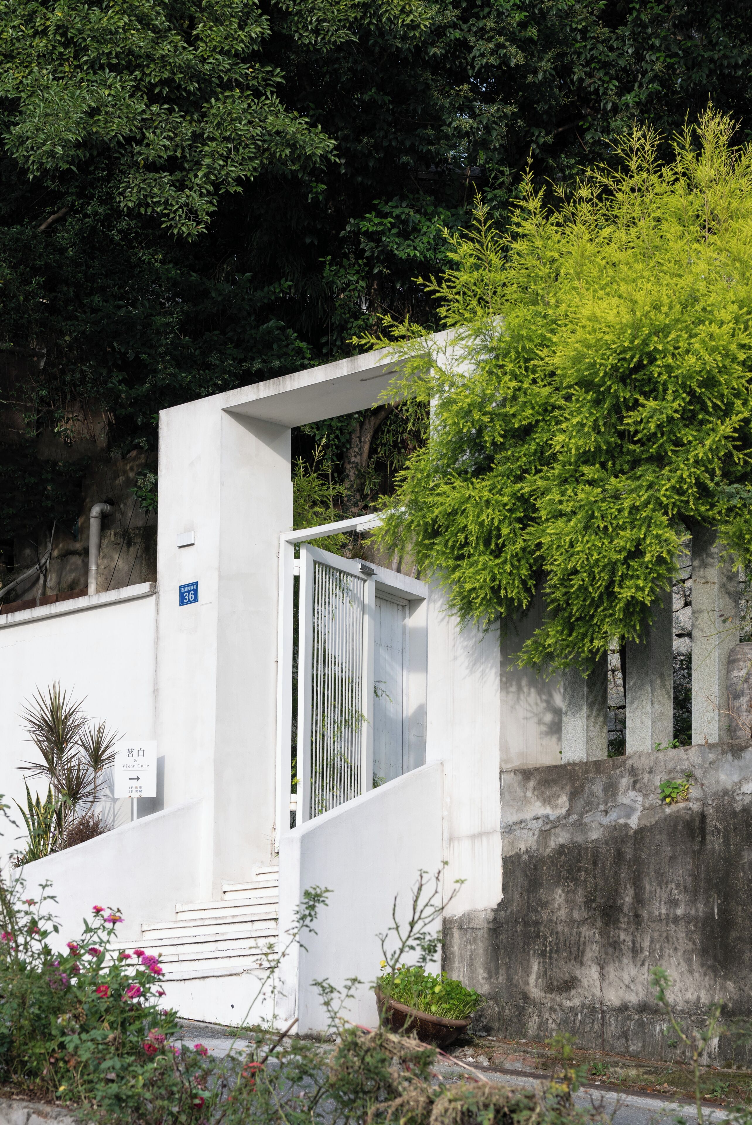 A white building with a gate, surrounded by greenery and a concrete wall.