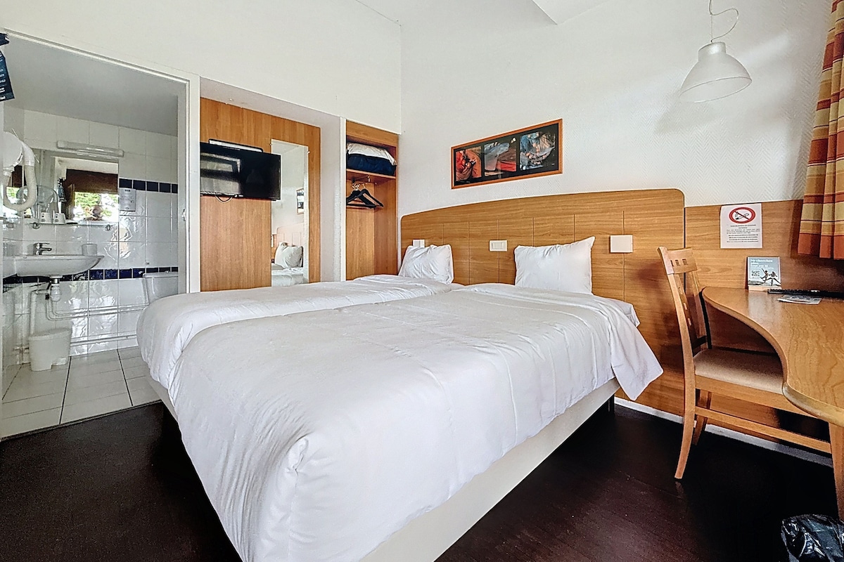 A hotel room with a large bed, a wooden headboard, a desk with a chair, a television, and a bathroom with a mirror and sink.
