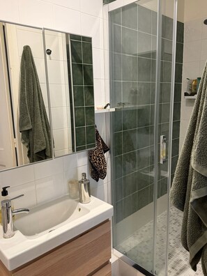 Ein Badezimmer mit Duschkabine aus Glas, einem Waschbecken mit Seifenspender und einem Spiegel, der ein Handtuch reflektiert.