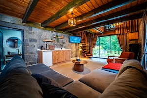 Um quarto acolhedor com parede de pedra, teto de madeira, televisão, lareira e vista para o verde lá fora.