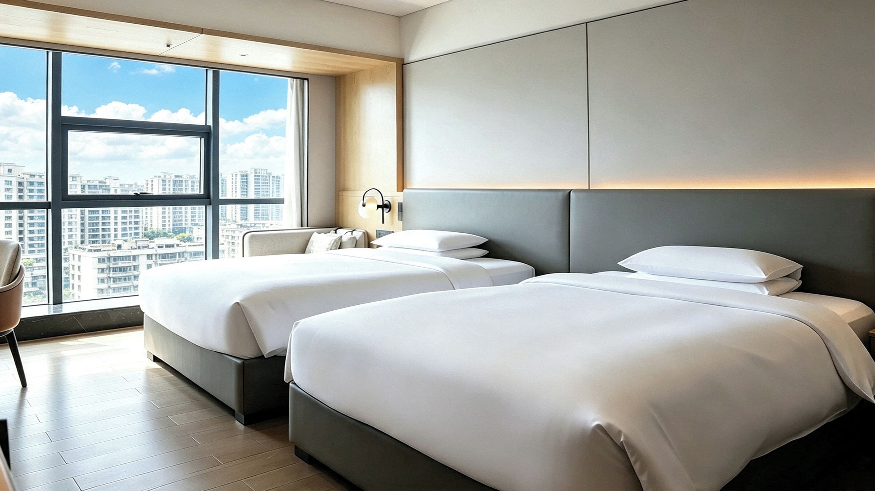 A hotel room with two beds, a large window with a city view, and a modern design.