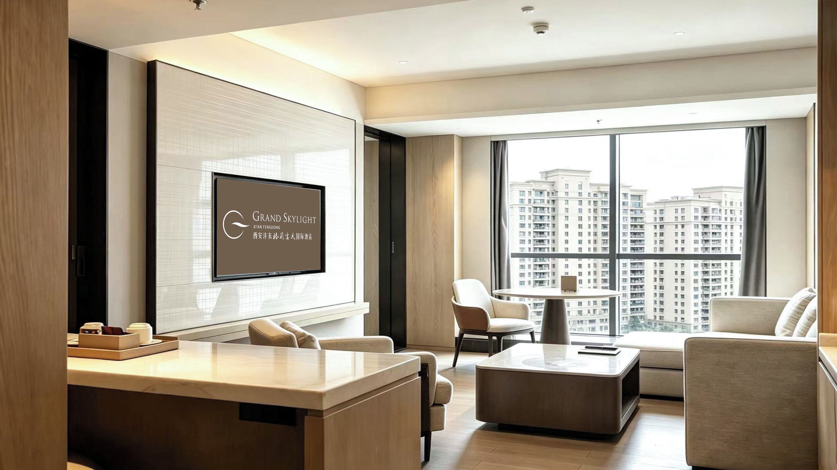 Habitación de hotel moderna con un ventanal grande, un televisor de pantalla plana, un escritorio y una zona de estar.
