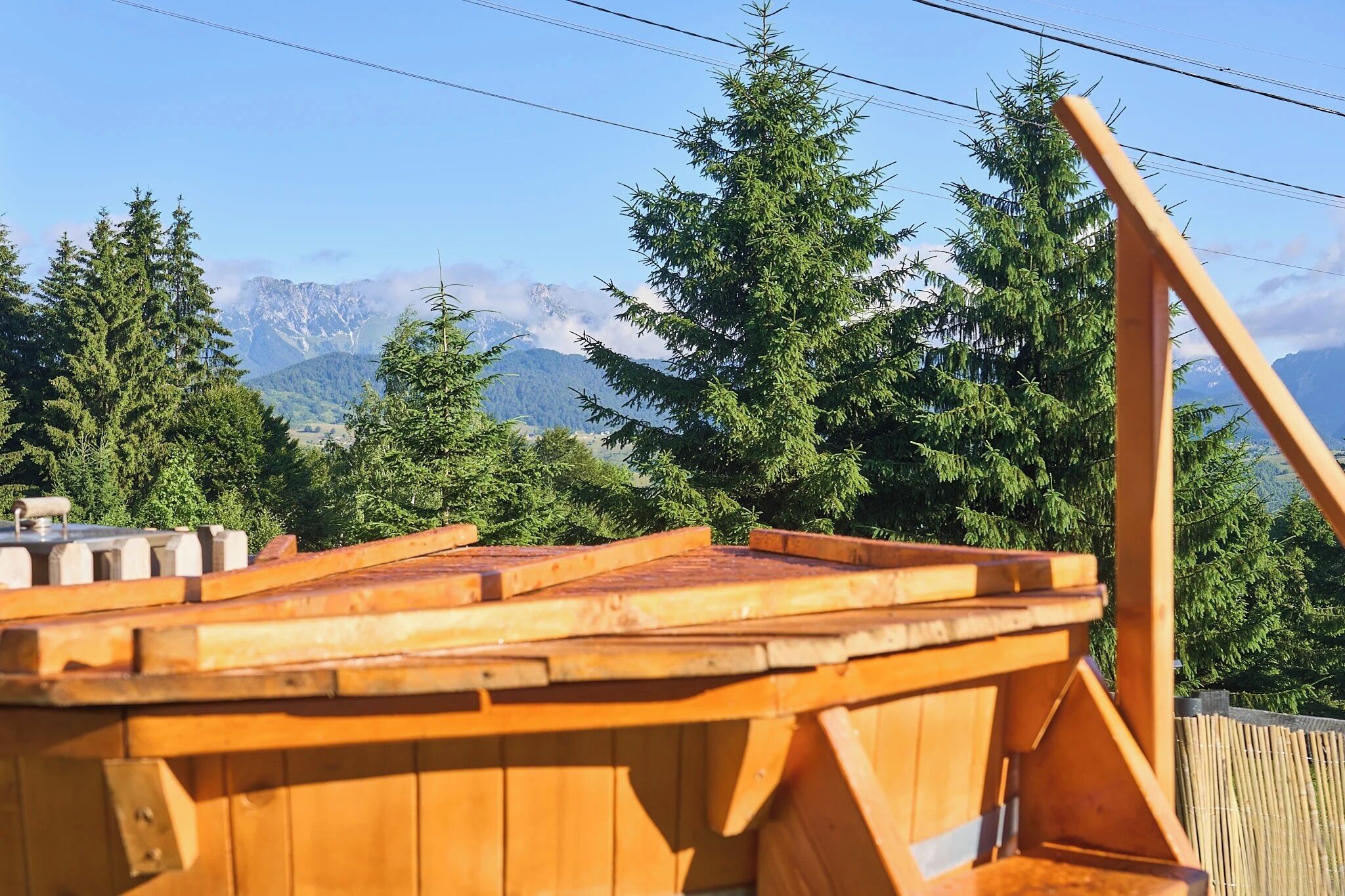 Eine Holterrasse mit Blick auf Berge und Bäume.