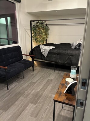 A compact room with a sofa, a bed, a small table with a vase, and a potted plant. - Othello Overlook.Stylish Seattle Studio Steps from Light Rail (Seattle)