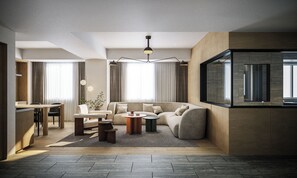 A modern living room with a sofa, coffee table, and a dining area with a table and chairs. - BASE LAYER HOTEL UNION NAGOYA SAKAE (Nagoya)