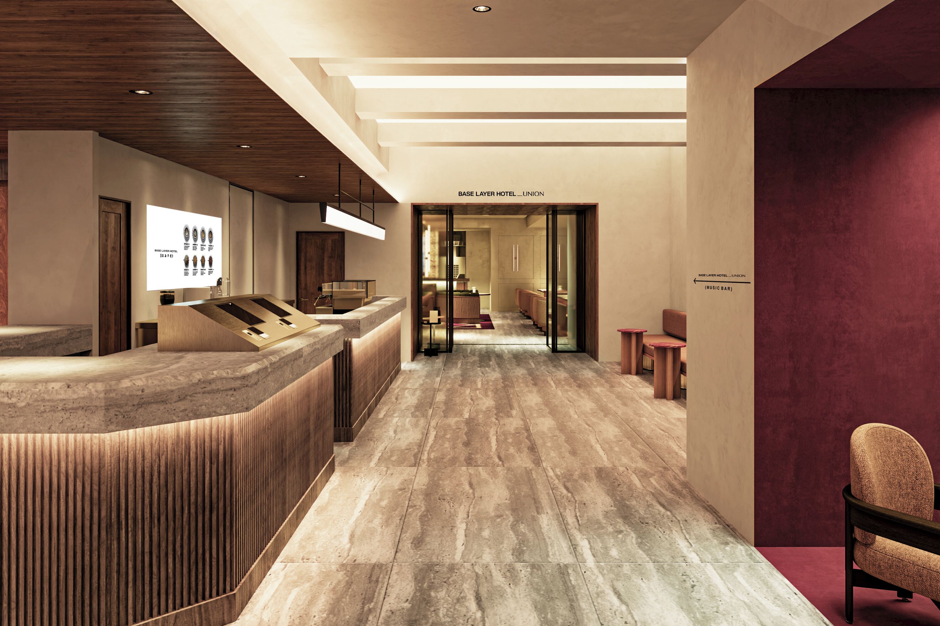 A hotel reception area with a modern design, including a reception desk, a waiting area with seating, and a clear path leading to the entrance.