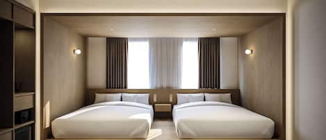Una habitación de hotel con cama doble, dos mesitas de noche, un armario y un amplio ventanal con cortinas.