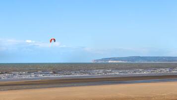A beach with a sandy shore, a wooden fence, and a person flying a kite in the distance.