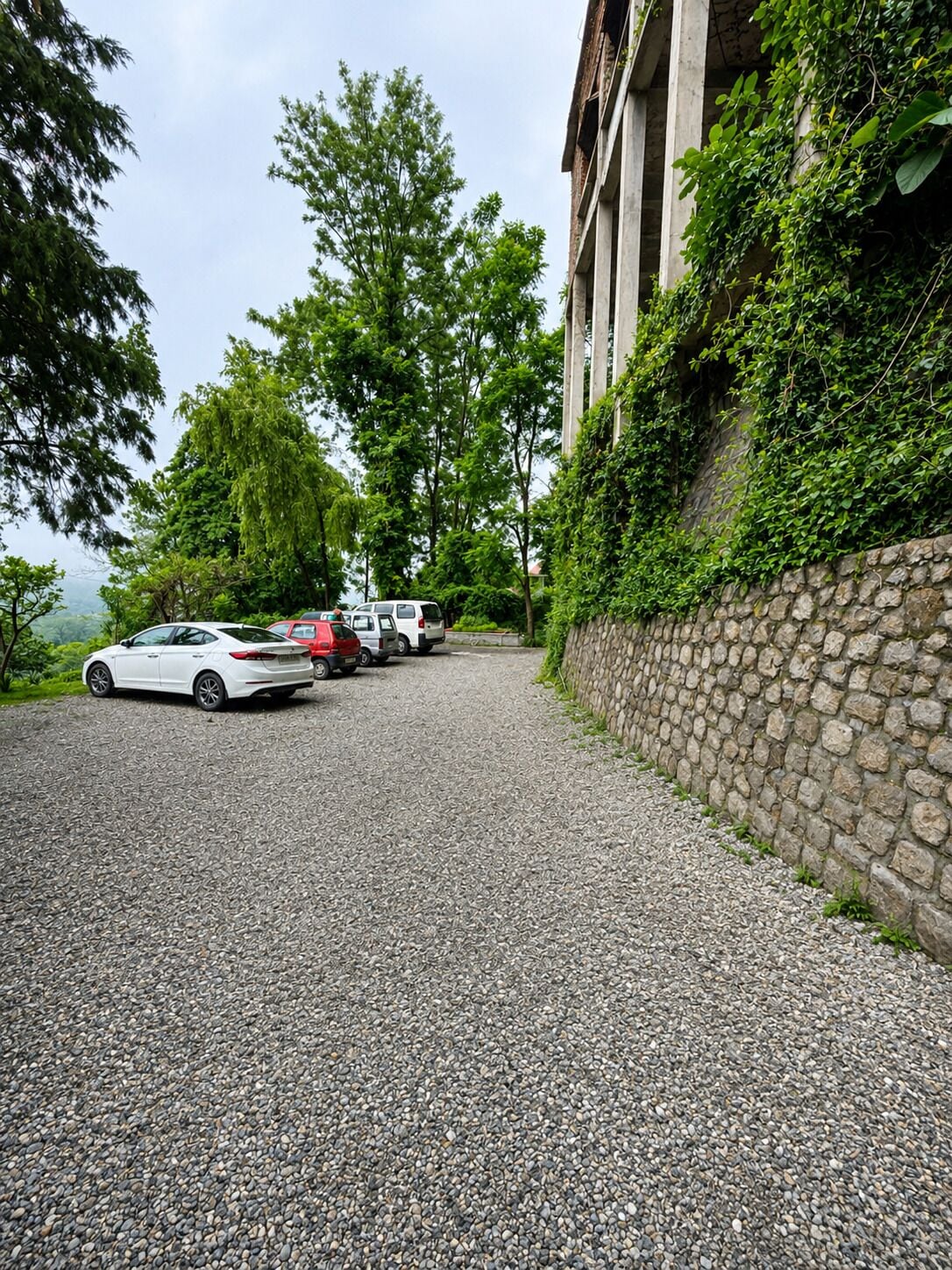 A gravel driveway leading to a building with a stone wall on one side and trees in the background.