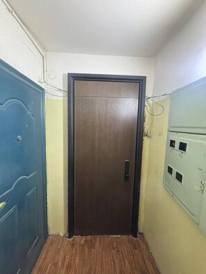 Ein Flur mit einer Holztür, einer blauen Tür und Elektroverteilungen an der Wand.