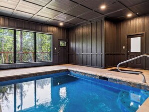 Ein Pool mit Blick auf Bäume, eine Tür und eine Decke mit Einbaustrahlern.