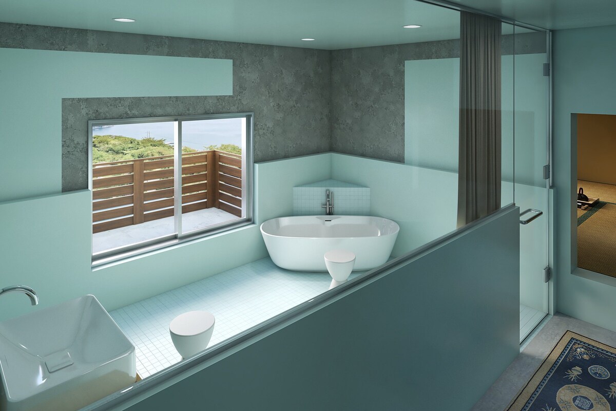 A modern bathroom with a freestanding bathtub, a window with a view, and a glass shower enclosure.