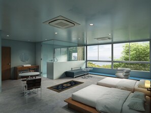 A modern bedroom with a large bed, a sitting area with a table and chairs, a vanity with a mirror, and a view of the outdoors through large windows. - hotel LSLET setouchi (Tatsuno)